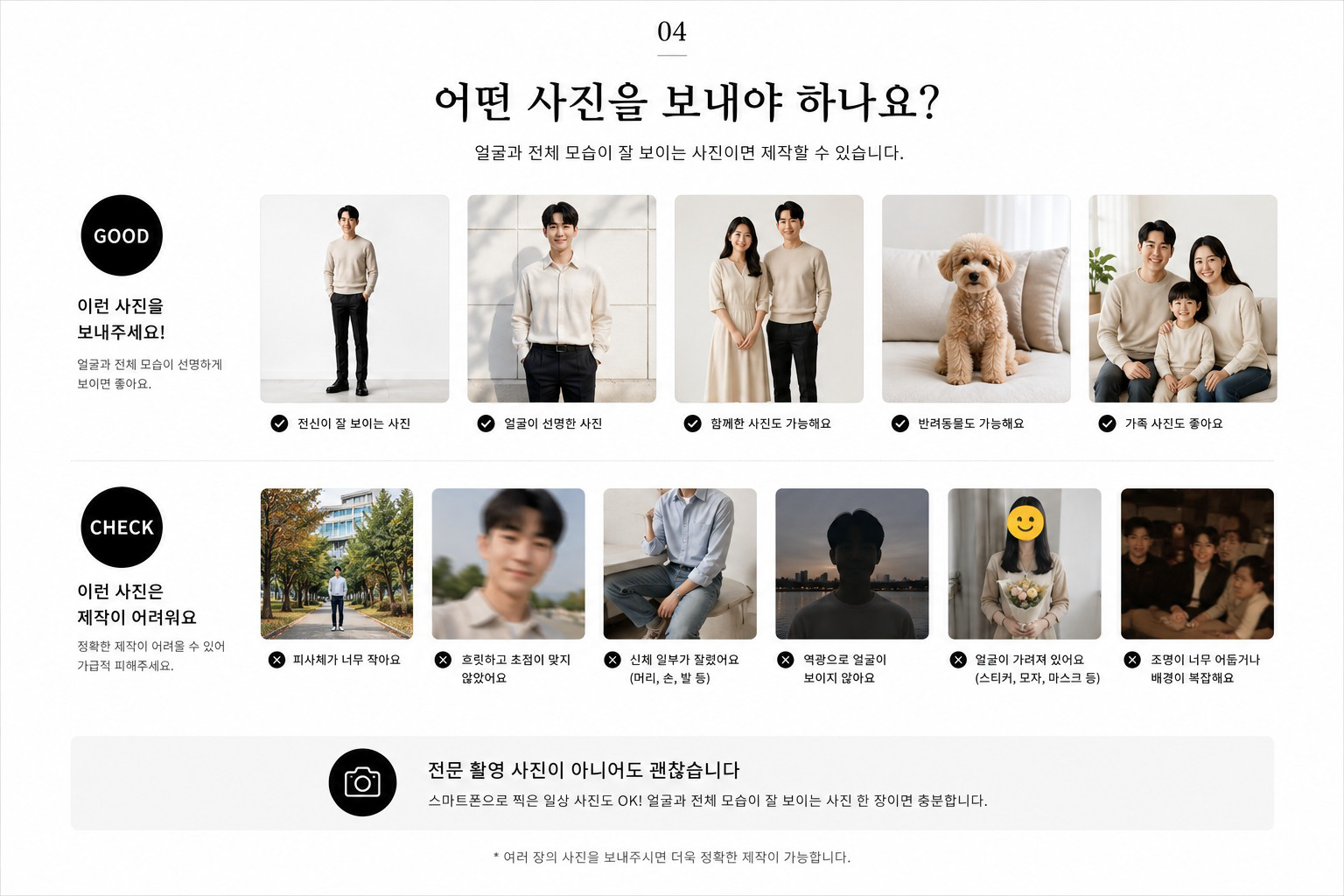 얼굴과 전체 모습이 잘 보이는 사진이면 제작할 수 있습니다. GOOD 이런 사진을 보내주세요: 전신이 잘 보이는 사진, 얼굴이 선명한 사진, 함께한 사진도 가능해요, 반려동물도 가능해요, 가족 사진도 좋아요. CHECK 이런 사진은 제작이 어려워요: 피사체가 너무 작아요, 흐릿하고 초점이 맞지 않았어요, 신체 일부가 잘렸어요(머리, 손, 발 등), 역광으로 얼굴이 보이지 않아요, 얼굴이 가려져 있어요(스티커, 모자, 마스크 등), 조명이 너무 어둡거나 배경이 복잡해요. 전문 촬영 사진이 아니어도 괜찮습니다. 스마트폰으로 찍은 일상 사진도 OK! 얼굴과 전체 모습이 잘 보이는 사진 한 장이면 충분합니다. 여러 장의 사진을 보내주시면 더욱 정확한 제작이 가능합니다.